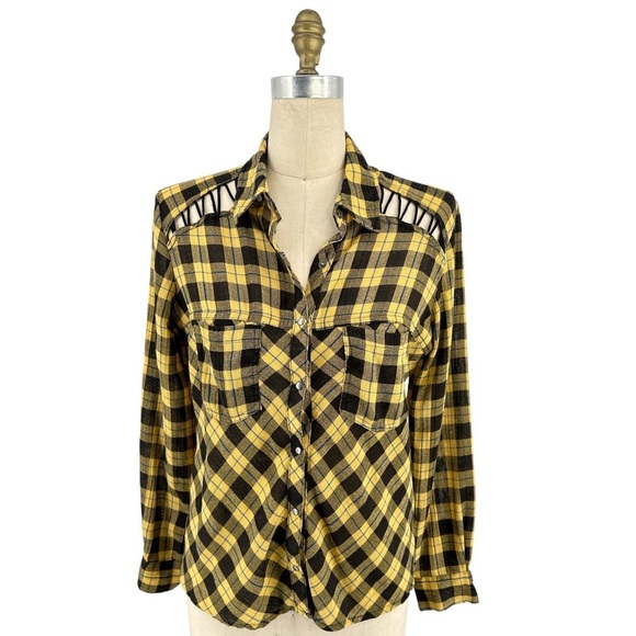 Free People Gauzy Plaid Lace Up Button Down Top Yellow Size S - Picture 2 of 9